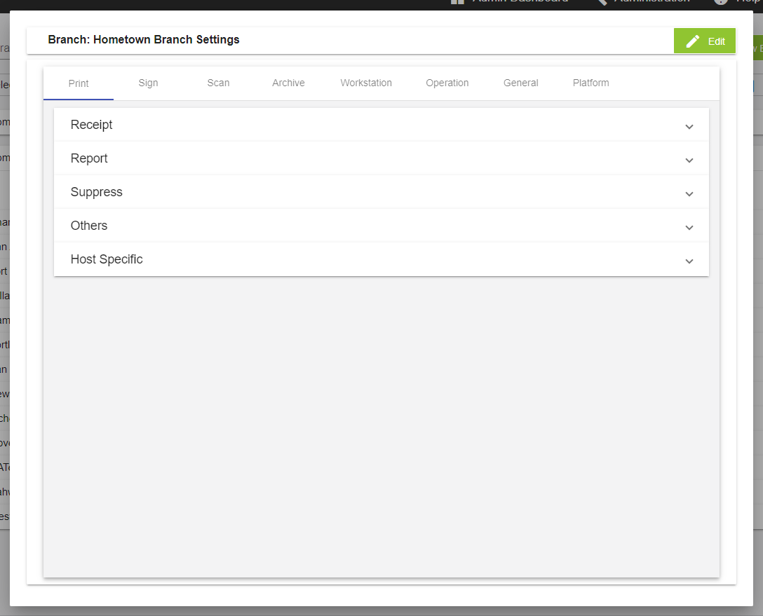 Branch Settings Popup Window