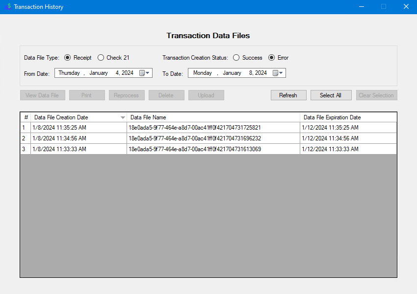 Transaction History Window