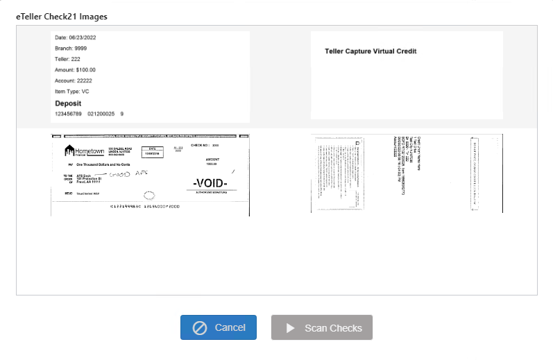 eTeller Check21 Images window with Scan button disabled