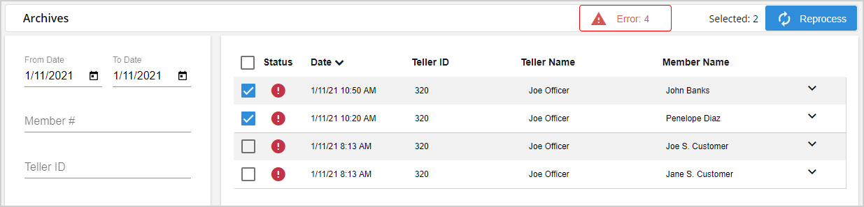 Select Transactions to Reprocess